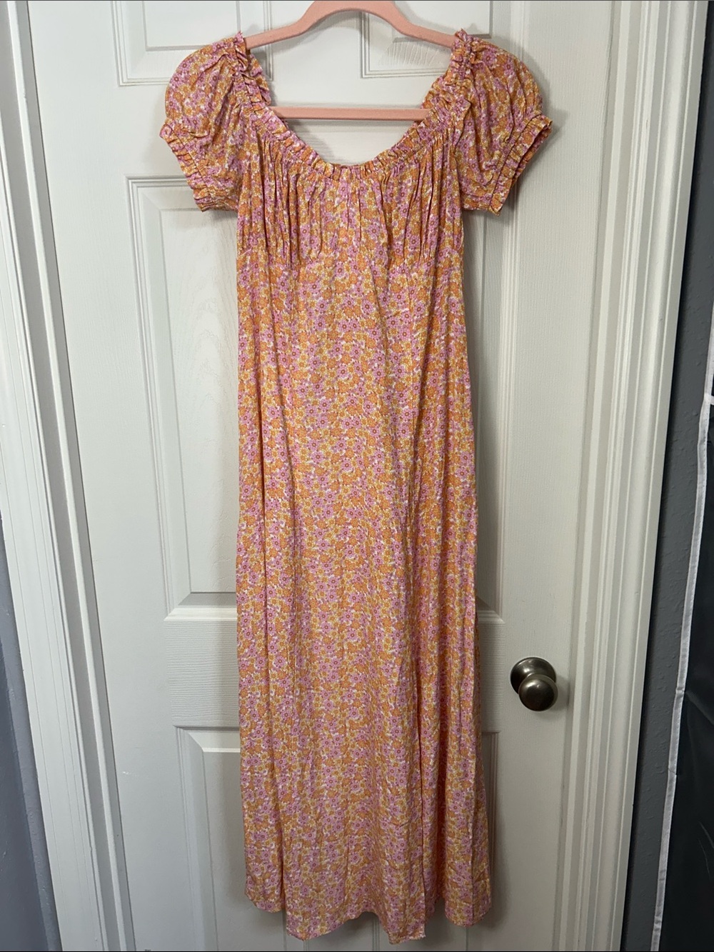 H&M Pink and Yellow Floral Smocked Side Zip Side Slit Dress Size Small NWT